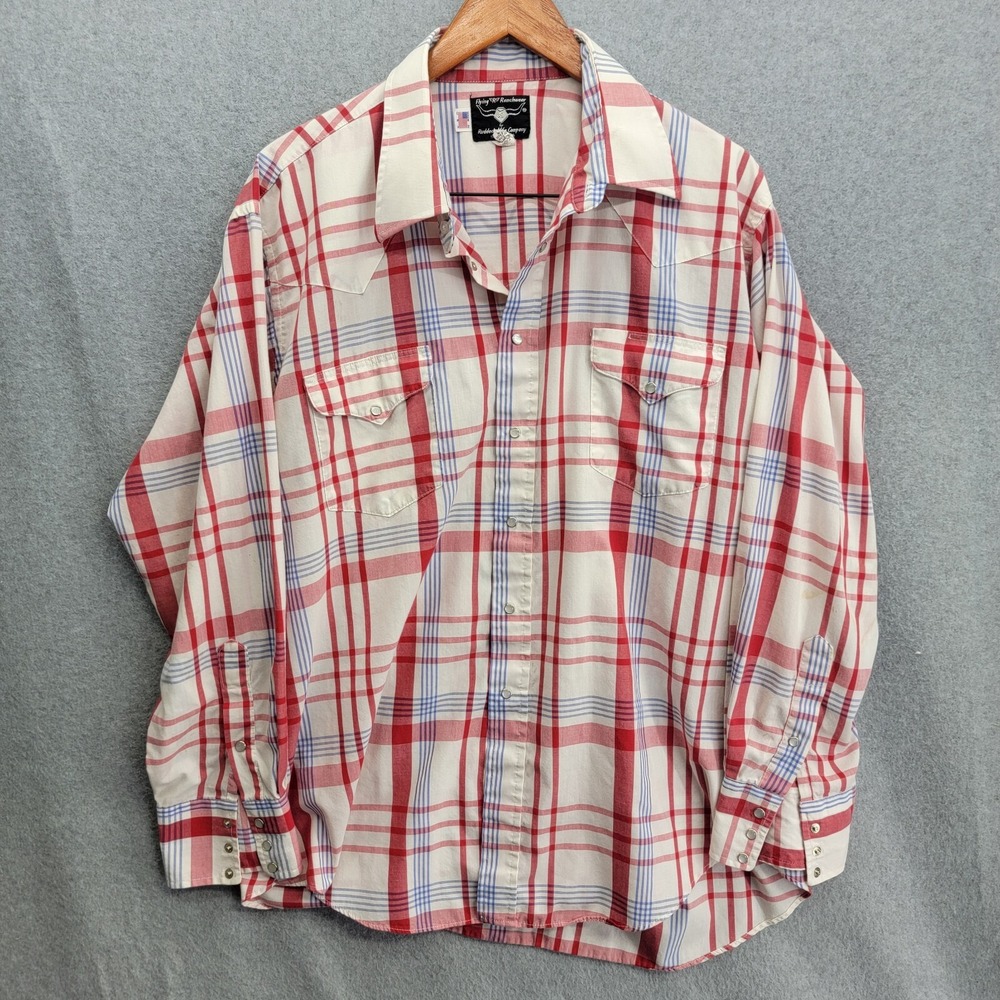Vintage Flying R Ranchwear Western Pearl Snap Shirt Mens 17.5 35  Stripe plaid